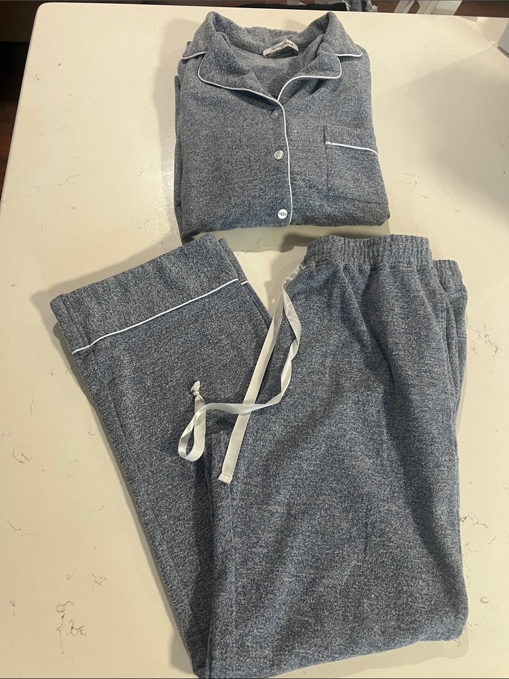 Heathered Blue Long-Sleeve Pajama Set with White Piping